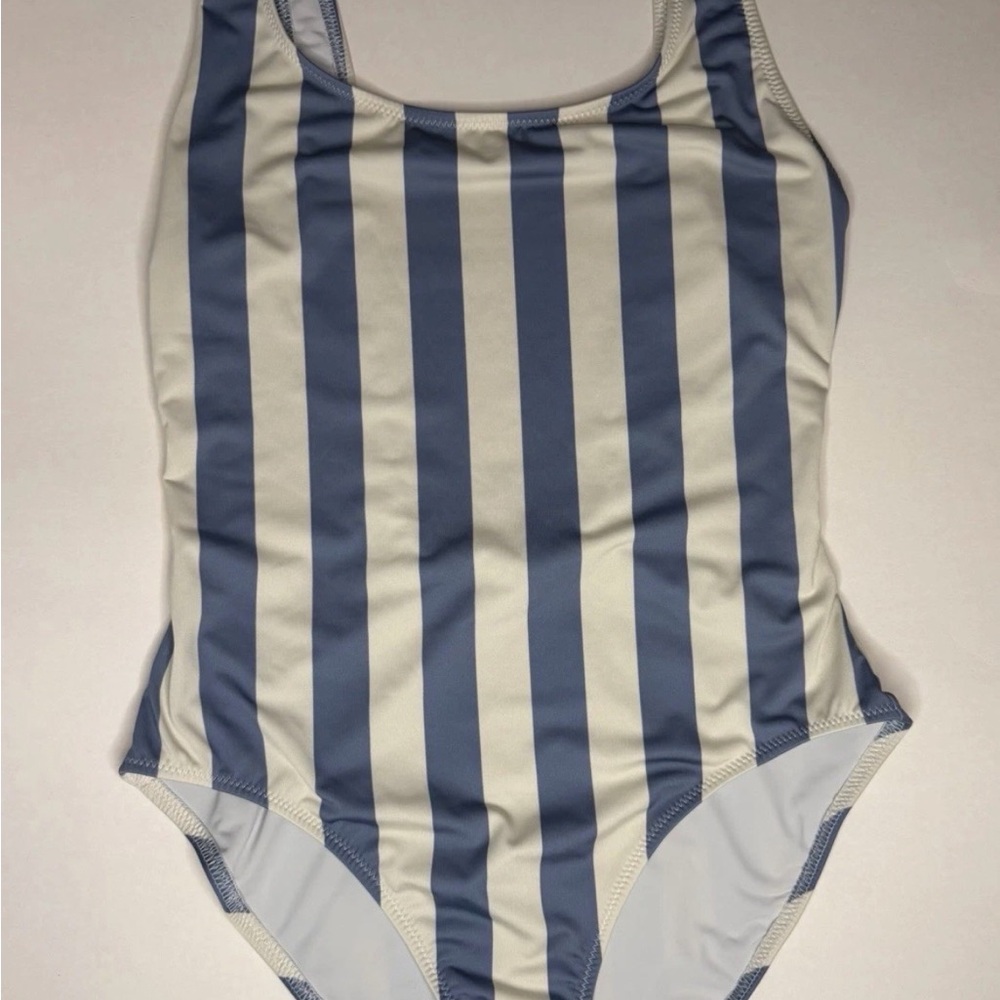 SOLID & STRIPED Blue and Cream Striped One Piece Swimsuit